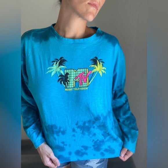 MTV Boxy Crop Top Blue Tie Dye Long Sleeve Plus XXL - Picture 3 of 11